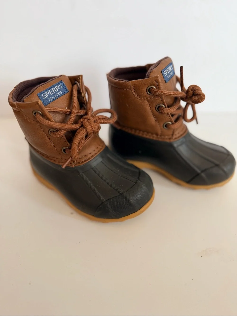 Sperry Toddler Brown Leather and Black Rubber Rain Boots